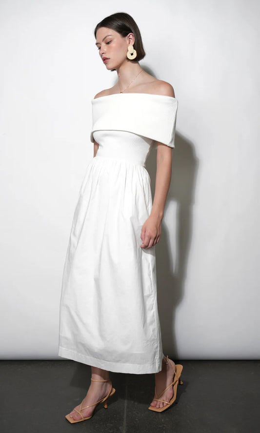 Marjorie Mixed Media Off Shoulder Midi Dress